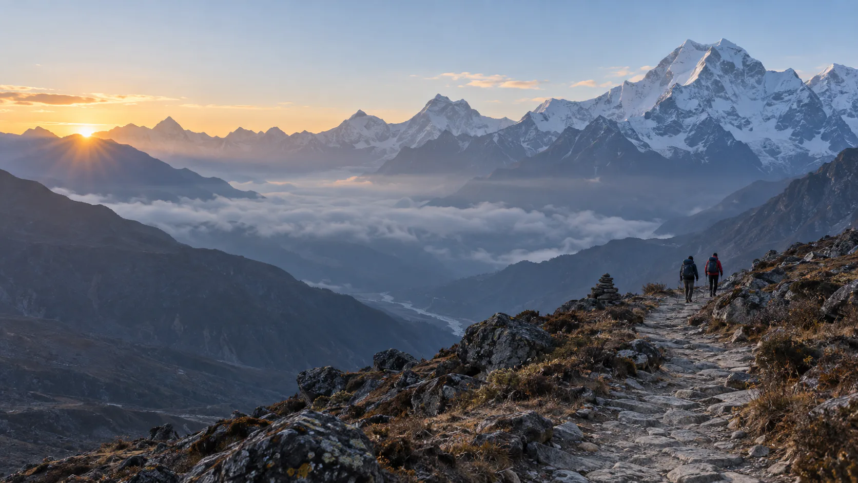 Trekkers walking a Himalayan trail at sunrise