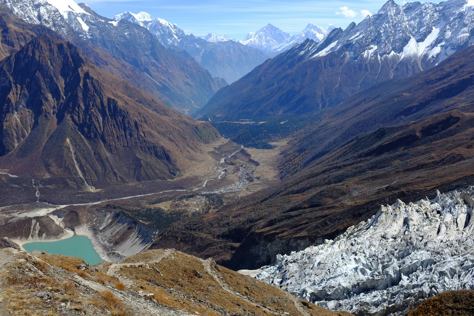 A stunning aerial view of the Himalayas with a glacial lake and rugged mountain terrain.